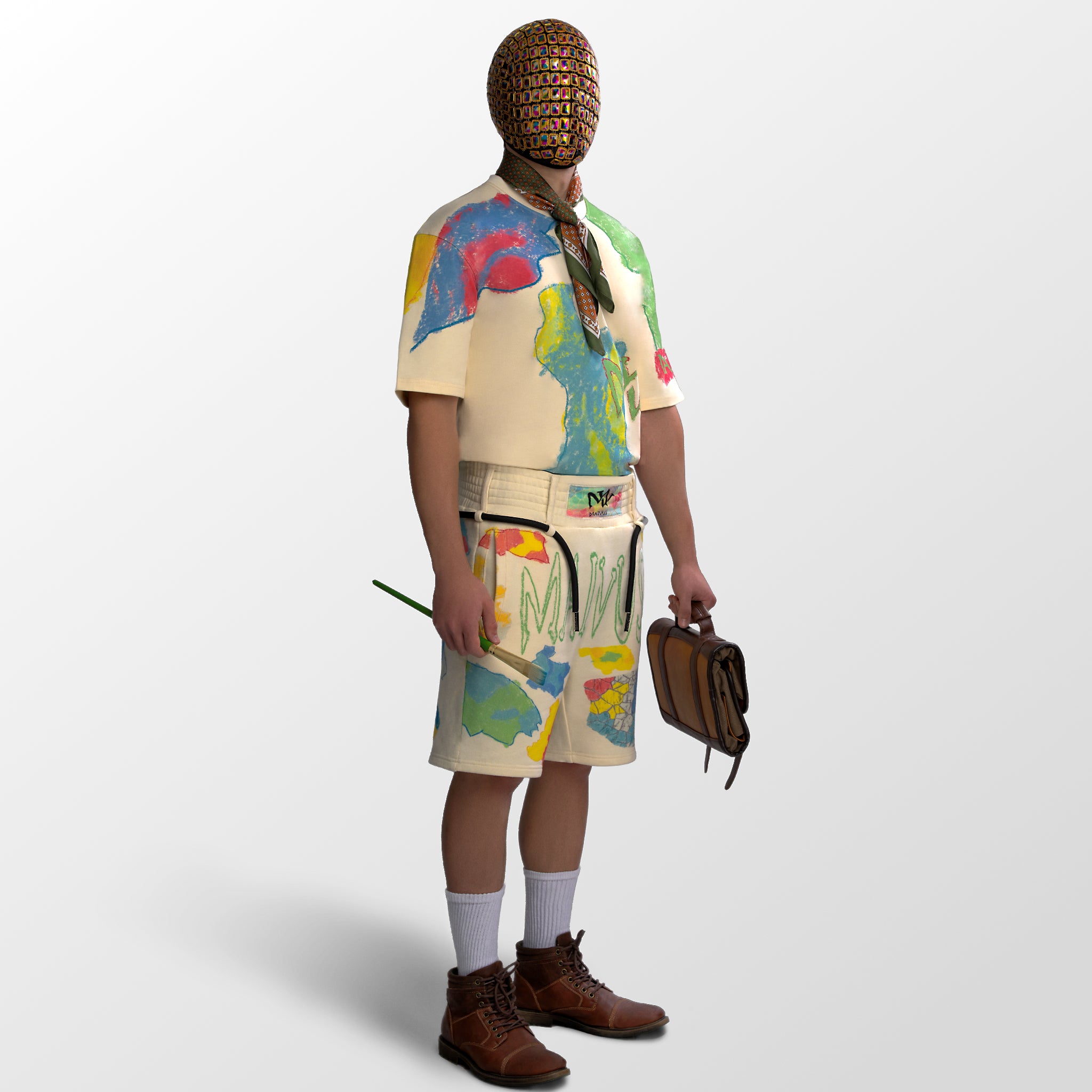 Model wearing the luxury multicolored t-shirt and shorts with abstract shapes and 'MAIVUS' branding from 'MAIVUS' against a white studio backdrop