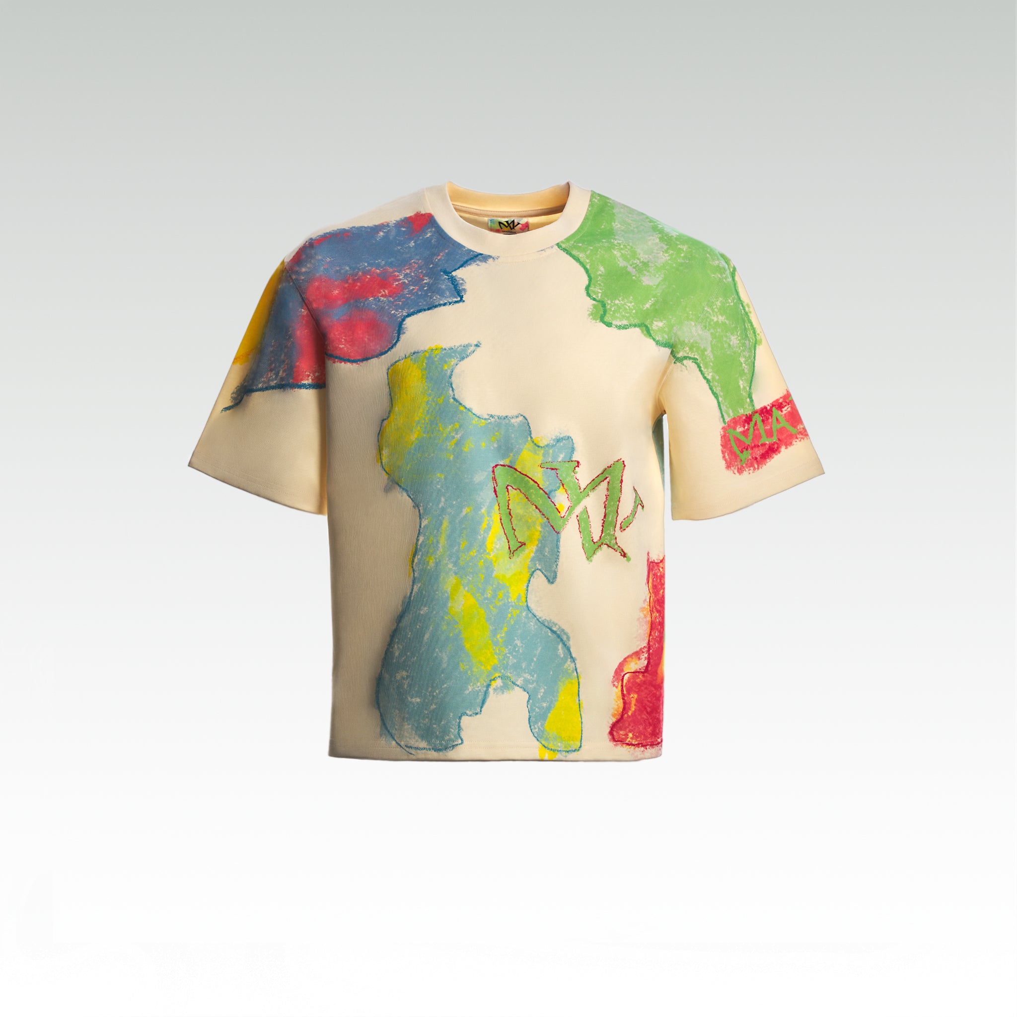 Close up of the luxury multicolored t-shirt with abstract shapes and 'MAIVUS' branding from 'MAIVUS' against a white studio backdrop