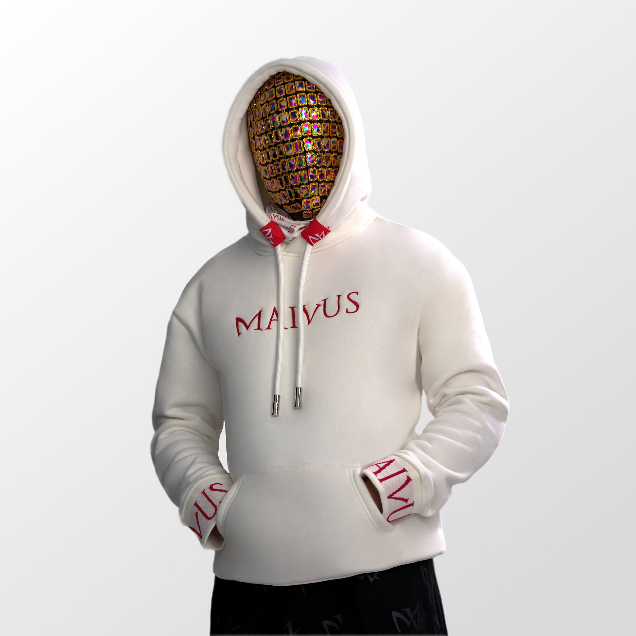 Model wearing a luxury white and red hoodie with red embroidery and branded snood from 'MAIVUS' against a white studio backdrop
