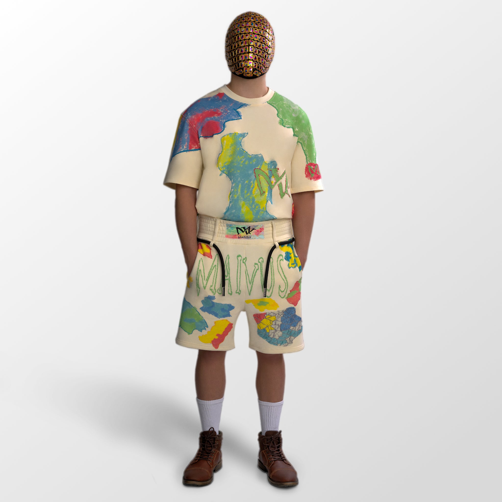 Model wearing the luxury multicolored t-shirt and shorts with abstract shapes and 'MAIVUS' branding from 'MAIVUS' against a white studio backdrop