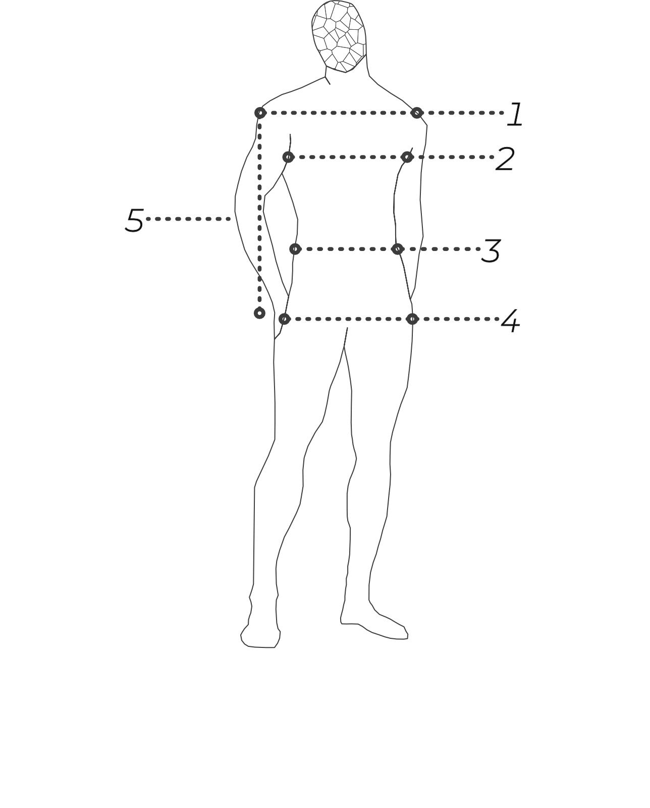 Outline of a human body with labeled measurement points on a white background