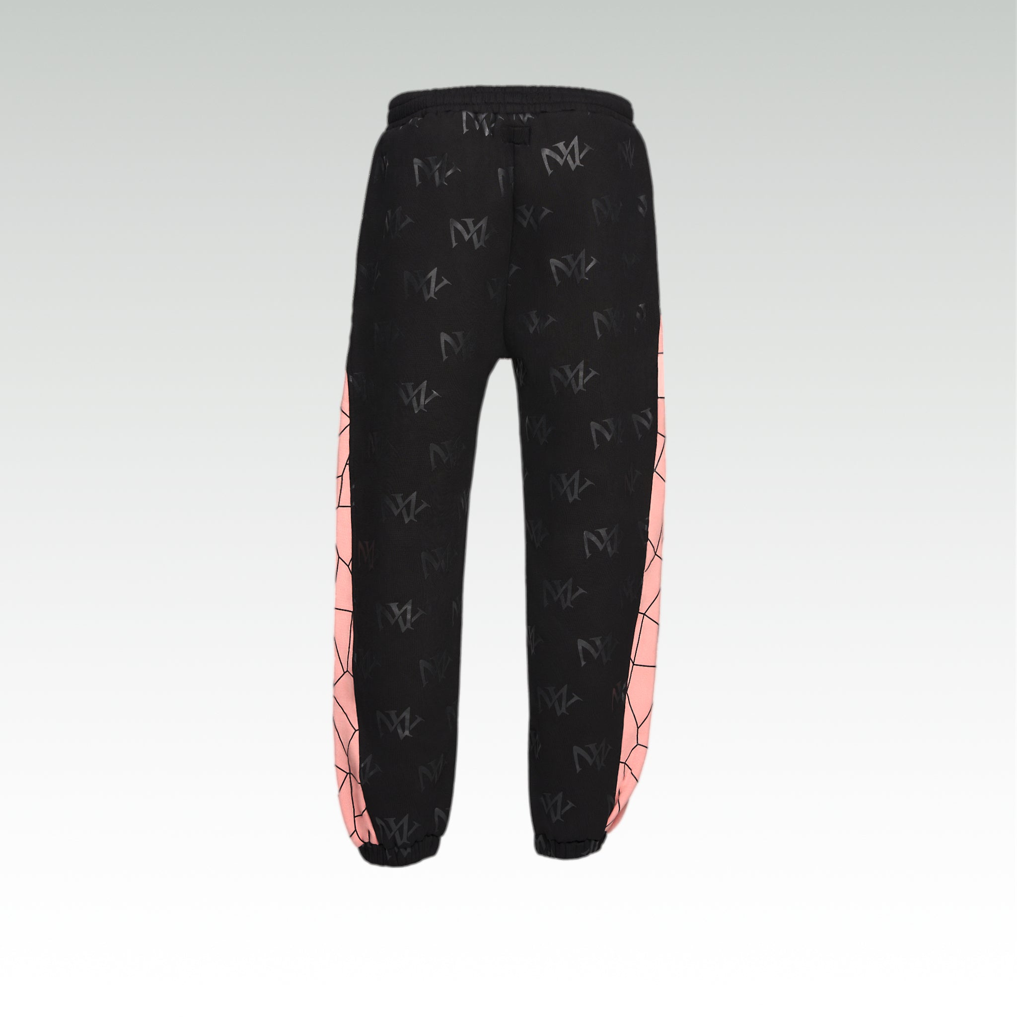 Close up of the luxury black and pink joggers with 'MV' branding and geometric shapes from 'MAIVUS' against a white studio backdrop